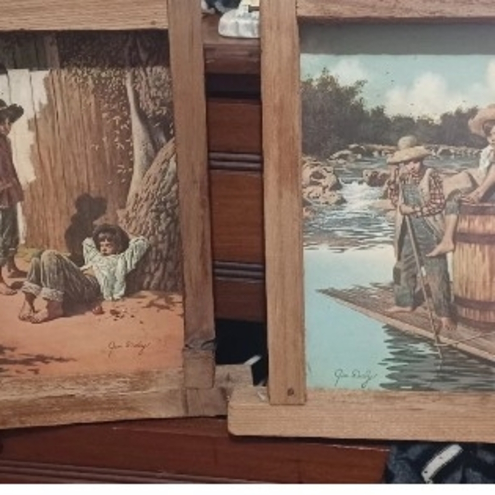 VTG JIM DALY FRAMED PRINTS HUCK FINN AND TOM SAWYER RUSTIC WOOD FRAMES 13 X 11